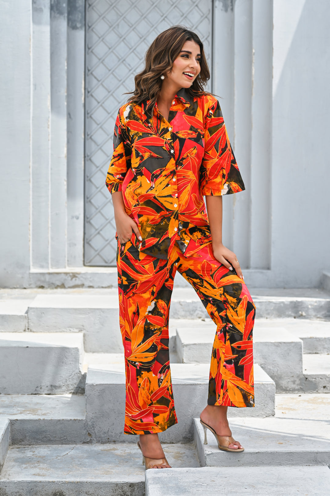 Women’s Tropical Orange & Red Leaf Print Co-ord Set