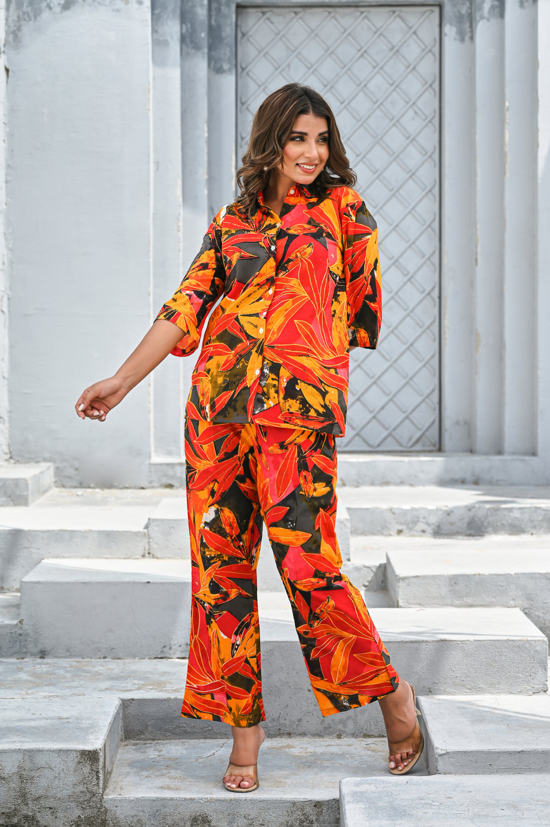 Women’s Tropical Orange & Red Leaf Print Co-ord Set