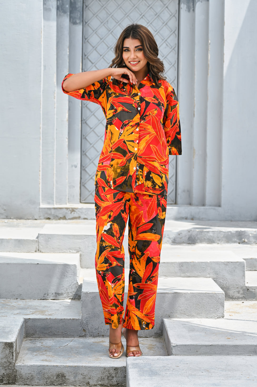 Women’s Tropical Orange & Red Leaf Print Co-ord Set
