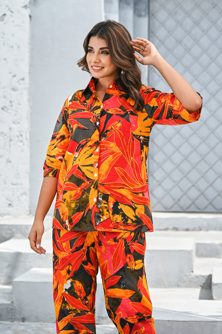 Women’s Tropical Orange & Red Leaf Print Co-ord Set