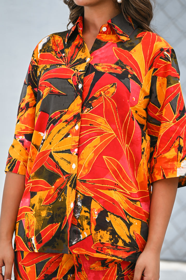 Women’s Tropical Orange & Red Leaf Print Co-ord Set