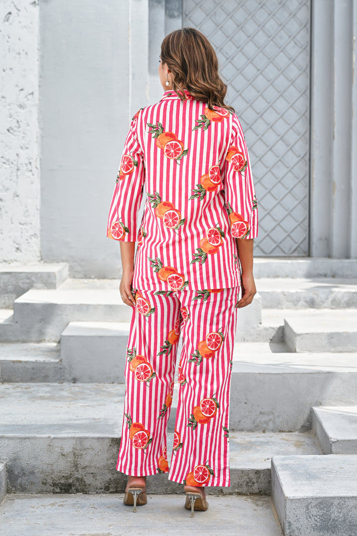 Women’s Pink & White Striped Citrus Print Co-ord Set