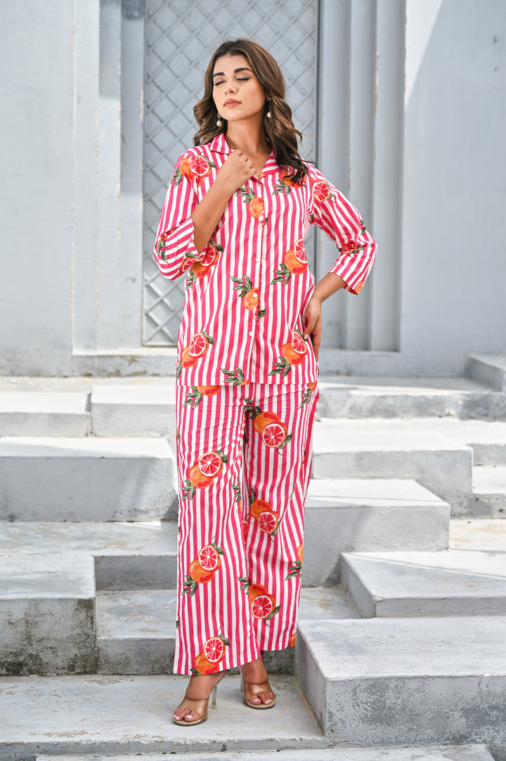 Women’s Pink & White Striped Citrus Print Co-ord Set