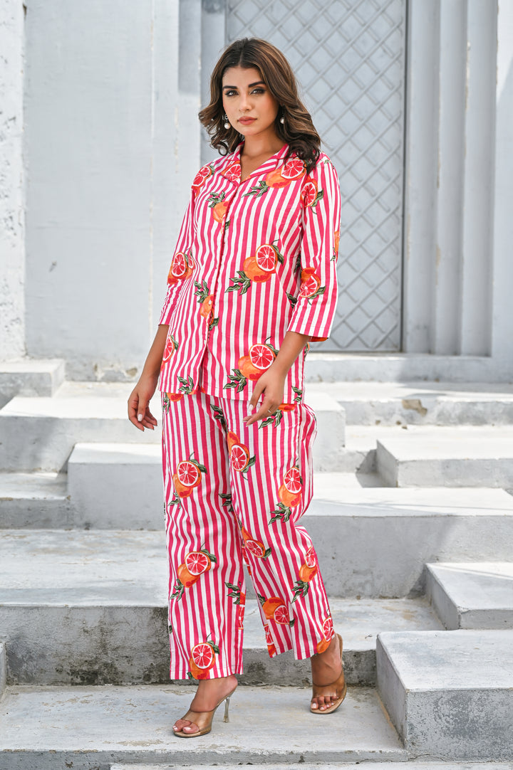 Women’s Pink & White Striped Citrus Print Co-ord Set