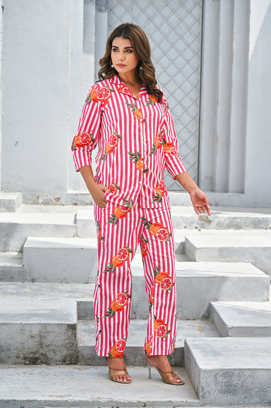Women’s Pink & White Striped Citrus Print Co-ord Set