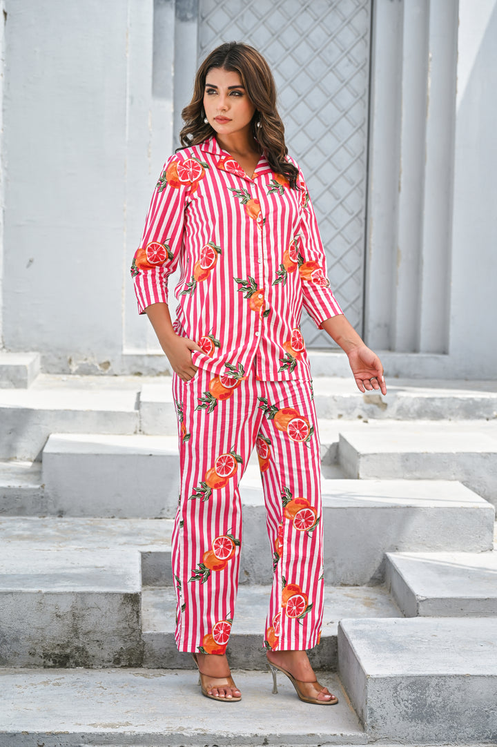 Women’s Pink & White Striped Citrus Print Co-ord Set