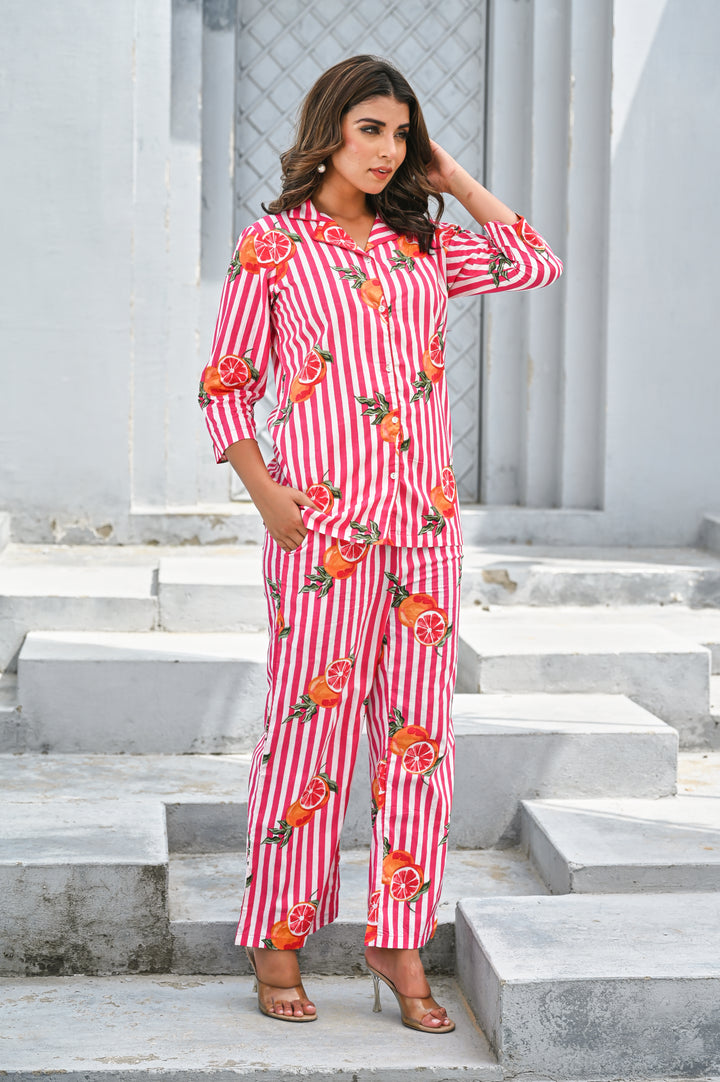 Women’s Pink & White Striped Citrus Print Co-ord Set