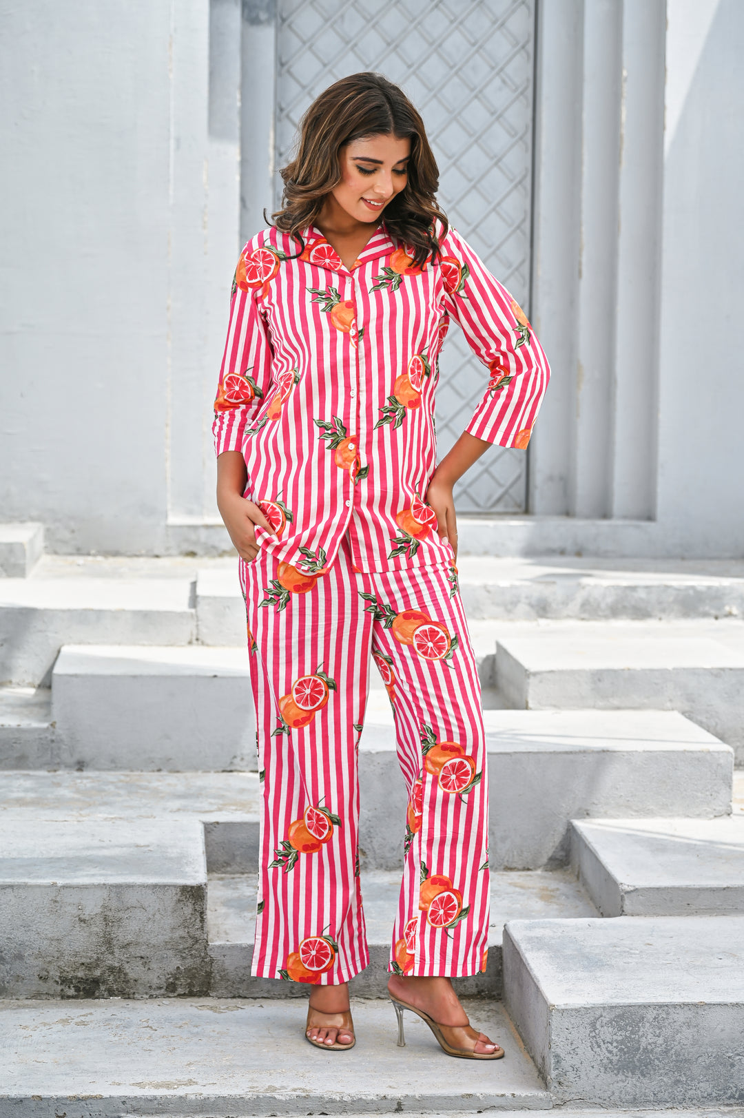 Women’s Pink & White Striped Citrus Print Co-ord Set