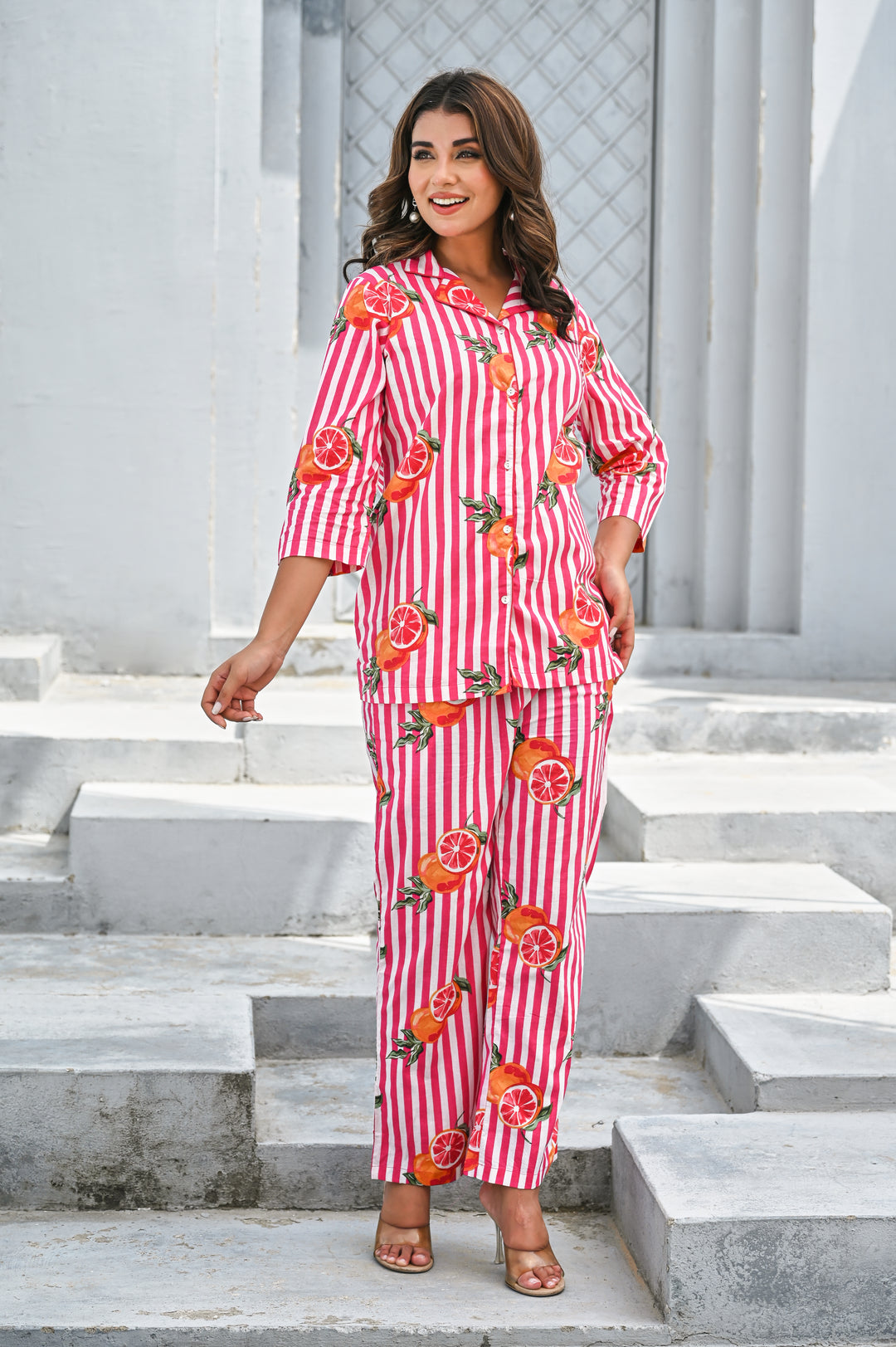 Women’s Pink & White Striped Citrus Print Co-ord Set