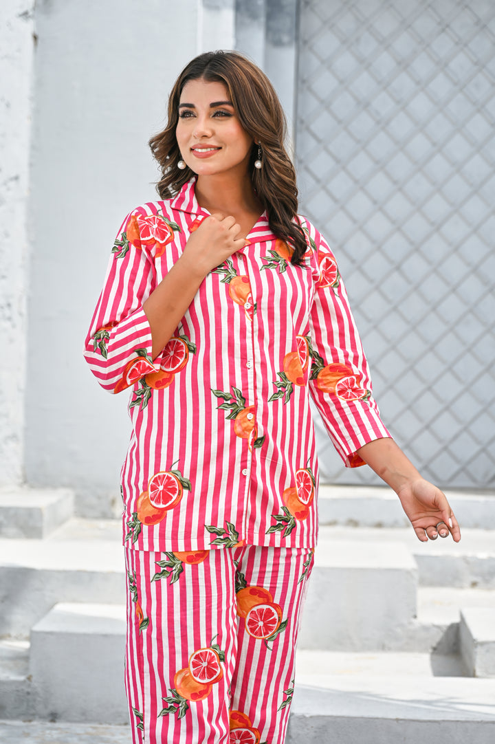 Women’s Pink & White Striped Citrus Print Co-ord Set