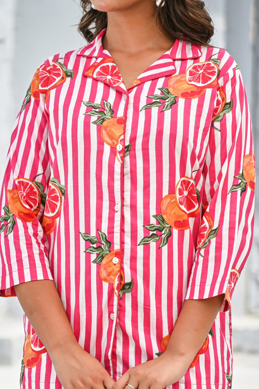 Women’s Pink & White Striped Citrus Print Co-ord Set