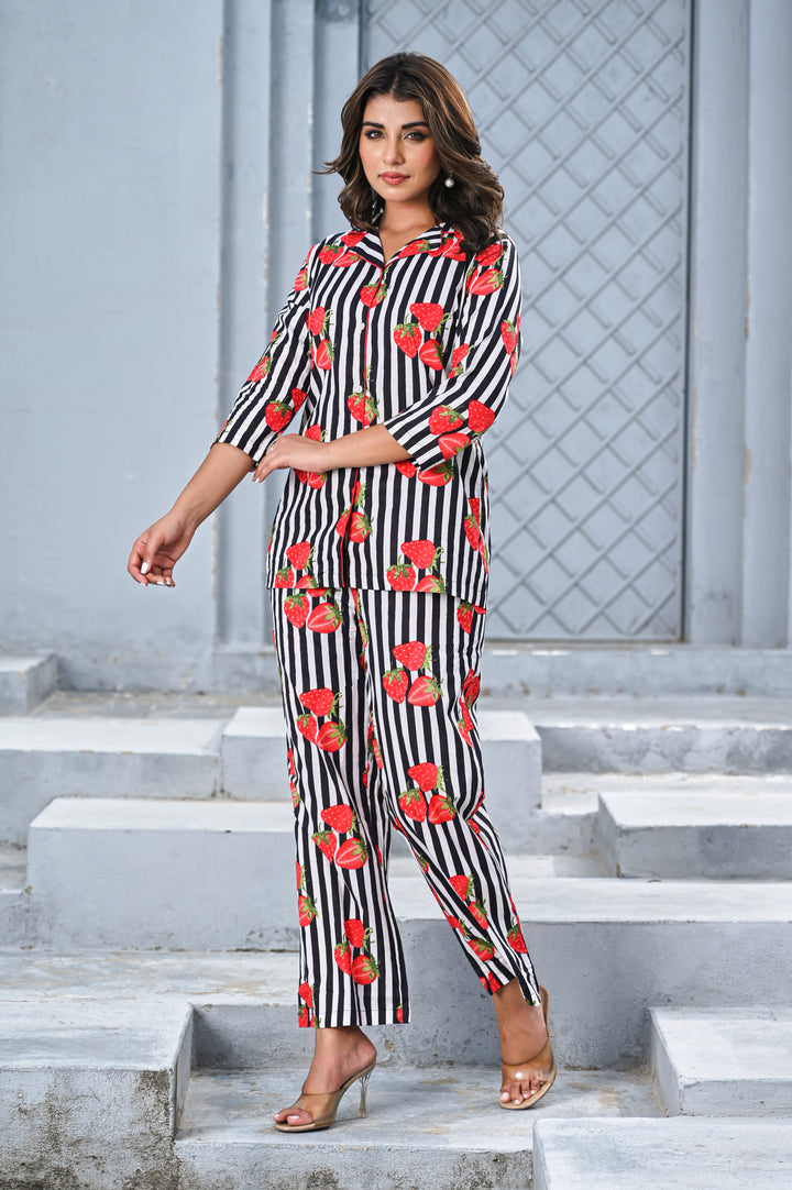Women’s Black & White Striped Strawberry Print Co-ord Set