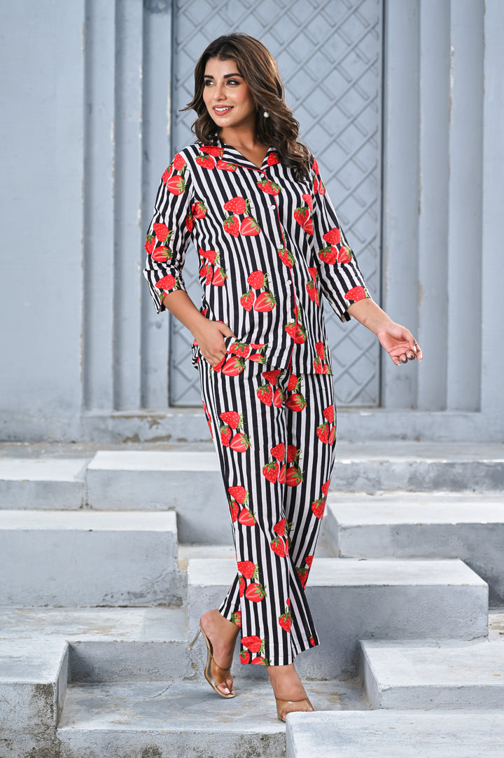 Women’s Black & White Striped Strawberry Print Co-ord Set