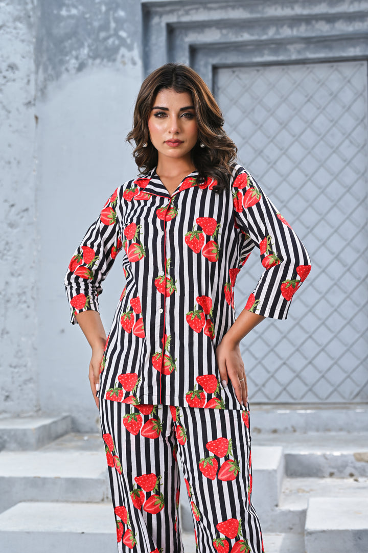 Women’s Black & White Striped Strawberry Print Co-ord Set
