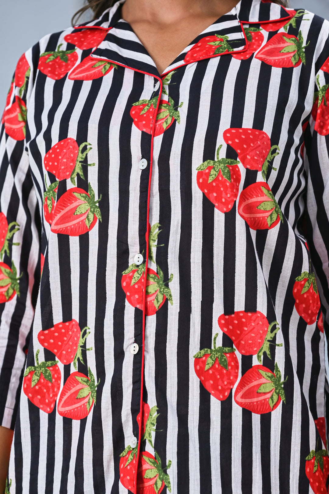 Women’s Black & White Striped Strawberry Print Co-ord Set
