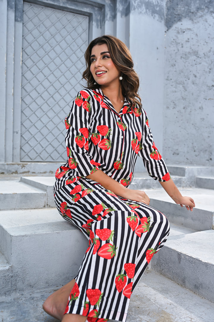 Women’s Black & White Striped Strawberry Print Co-ord Set