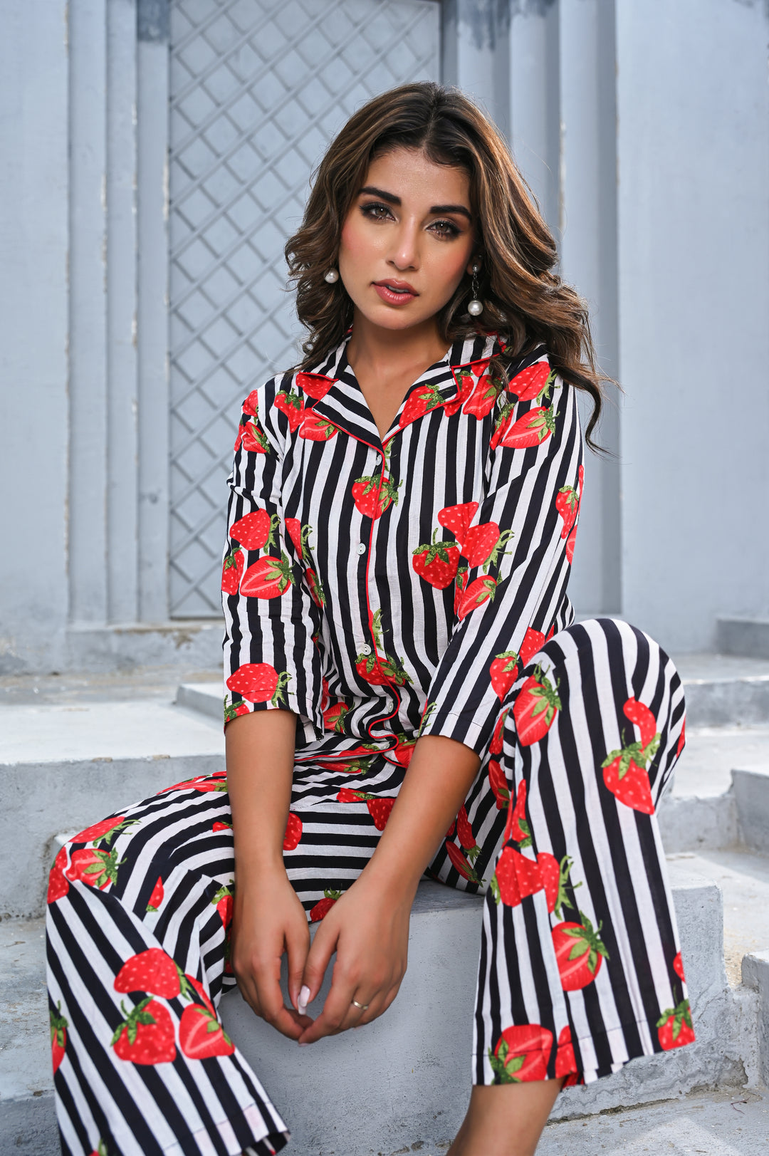 Women’s Black & White Striped Strawberry Print Co-ord Set