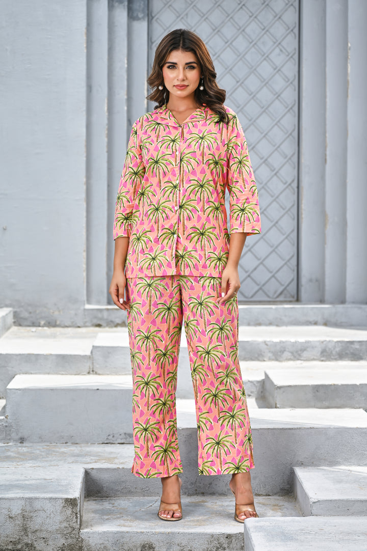 Women’s Pink Tropical Palm Print Co-ord Set – Relaxed Shirt & Straight Pants