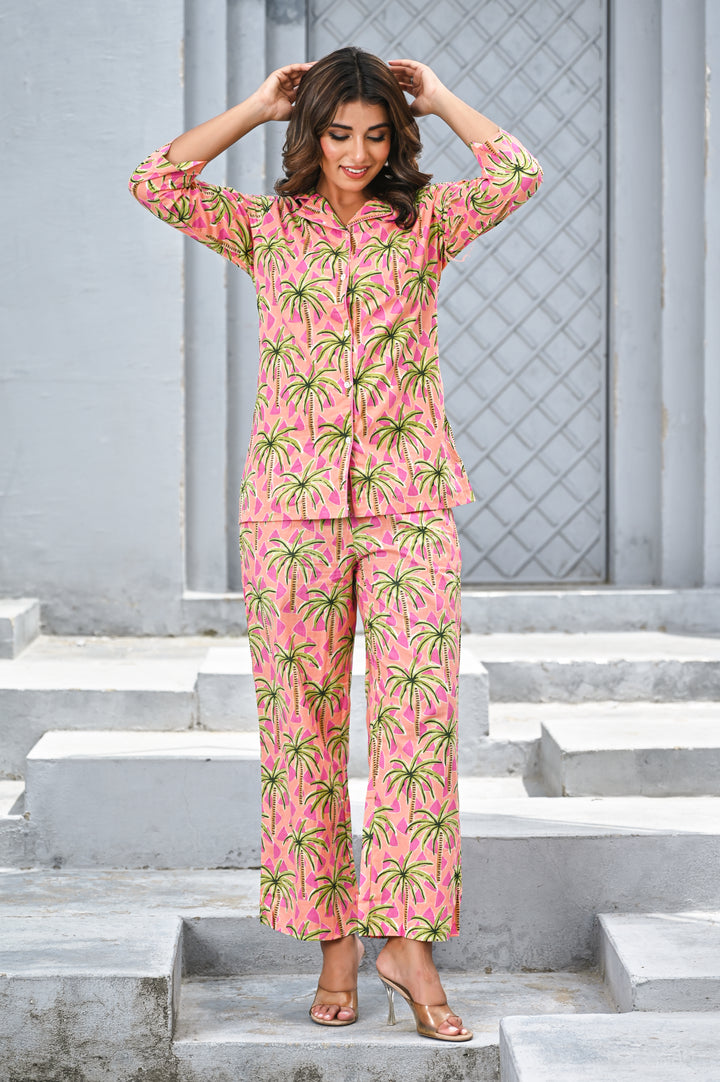 Women’s Pink Tropical Palm Print Co-ord Set – Relaxed Shirt & Straight Pants