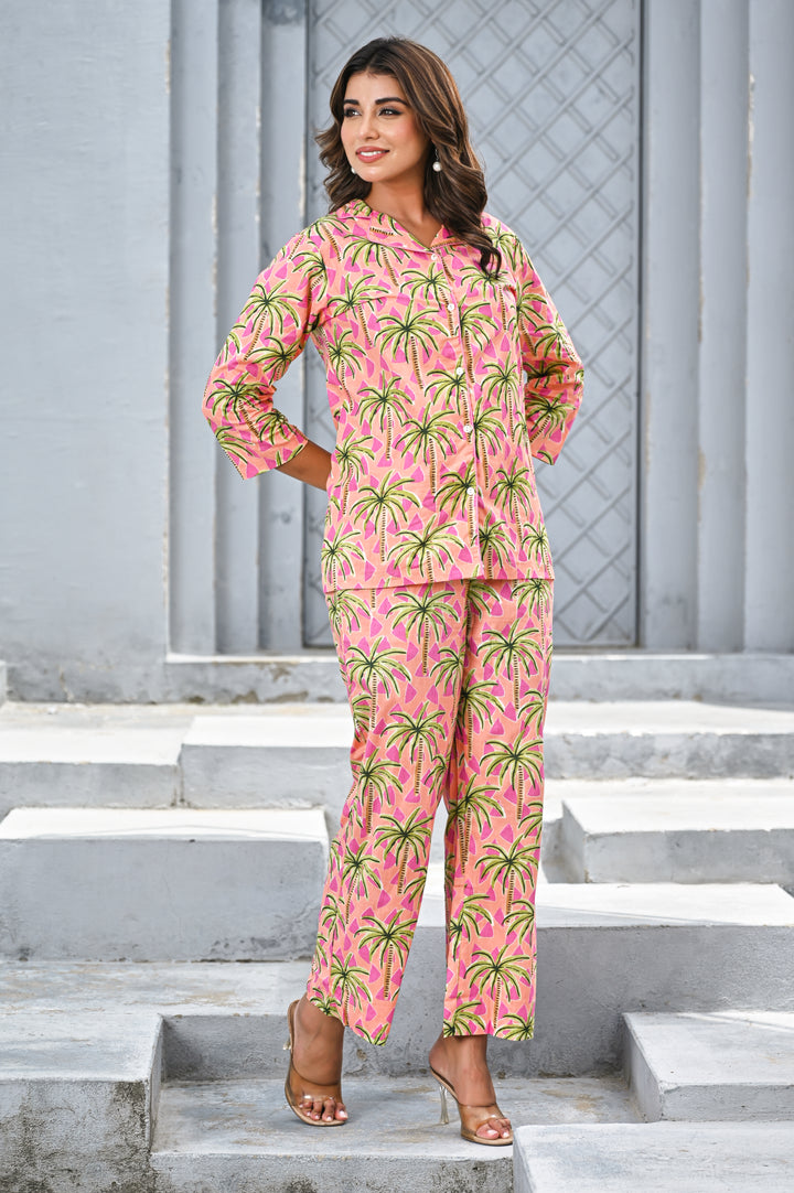Women’s Pink Tropical Palm Print Co-ord Set – Relaxed Shirt & Straight Pants