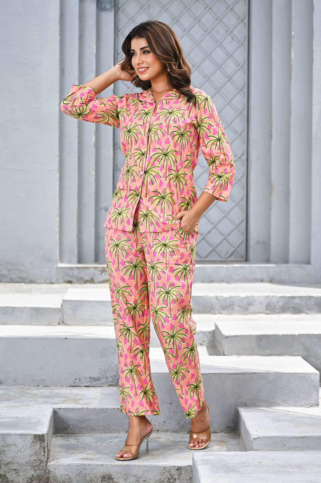Women’s Pink Tropical Palm Print Co-ord Set – Relaxed Shirt & Straight Pants