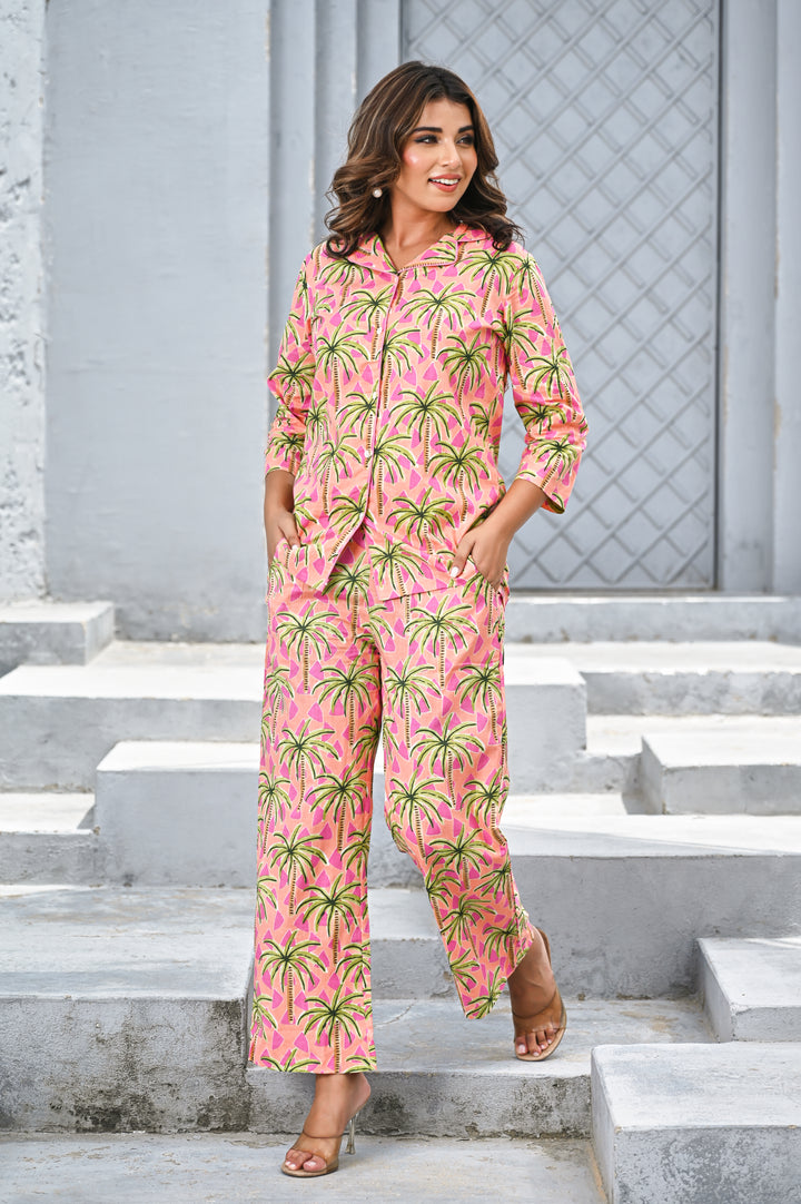 Women’s Pink Tropical Palm Print Co-ord Set – Relaxed Shirt & Straight Pants