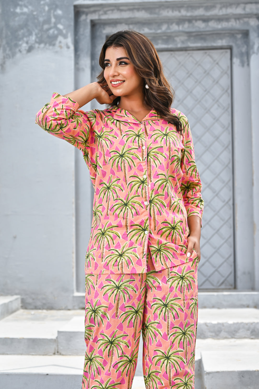 Women’s Pink Tropical Palm Print Co-ord Set – Relaxed Shirt & Straight Pants