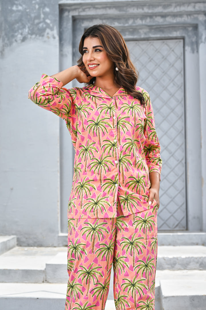 Women’s Pink Tropical Palm Print Co-ord Set – Relaxed Shirt & Straight Pants
