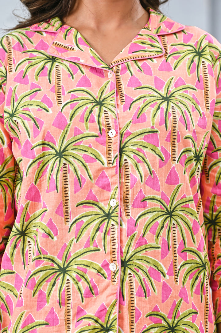 Women’s Pink Tropical Palm Print Co-ord Set – Relaxed Shirt & Straight Pants
