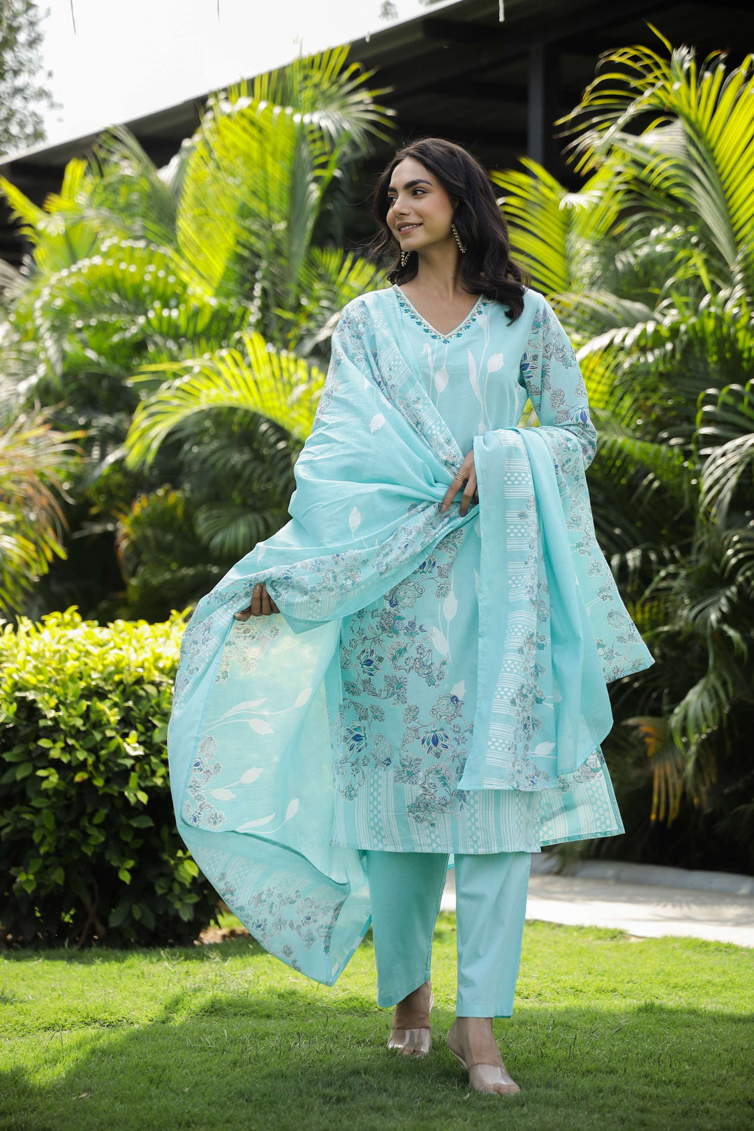 Serene Aqua Blue Floral Print Cotton Kurta Set with Dupatta  Export to Sheets