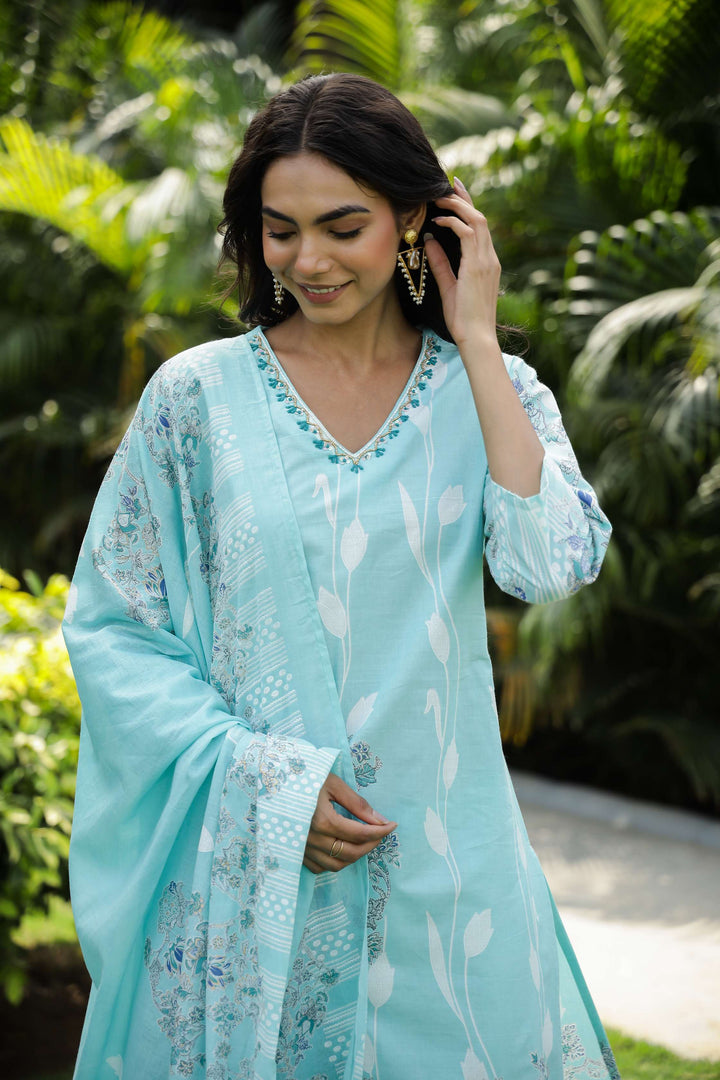 Serene Aqua Blue Floral Print Cotton Kurta Set with Dupatta  Export to Sheets