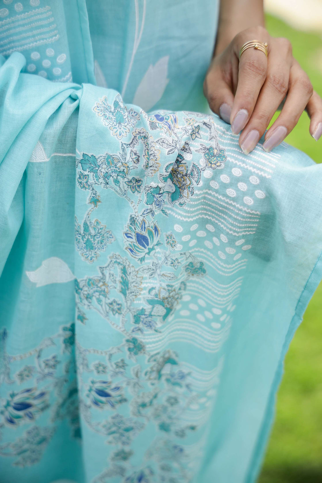 Serene Aqua Blue Floral Print Cotton Kurta Set with Dupatta  Export to Sheets