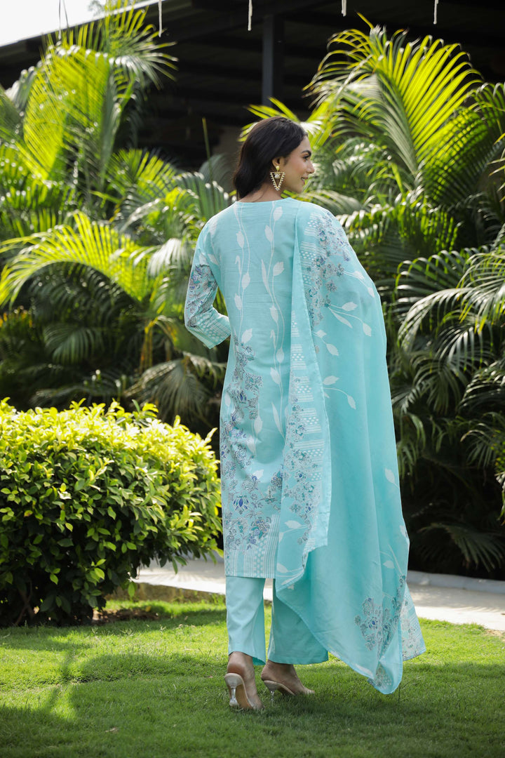 Serene Aqua Blue Floral Print Cotton Kurta Set with Dupatta  Export to Sheets