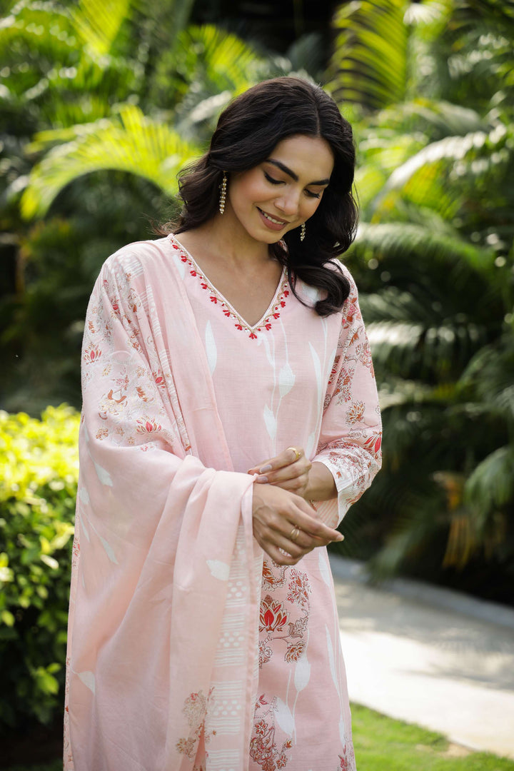 Pastel Pink Floral Print Cotton Kurta Set with Dupatta