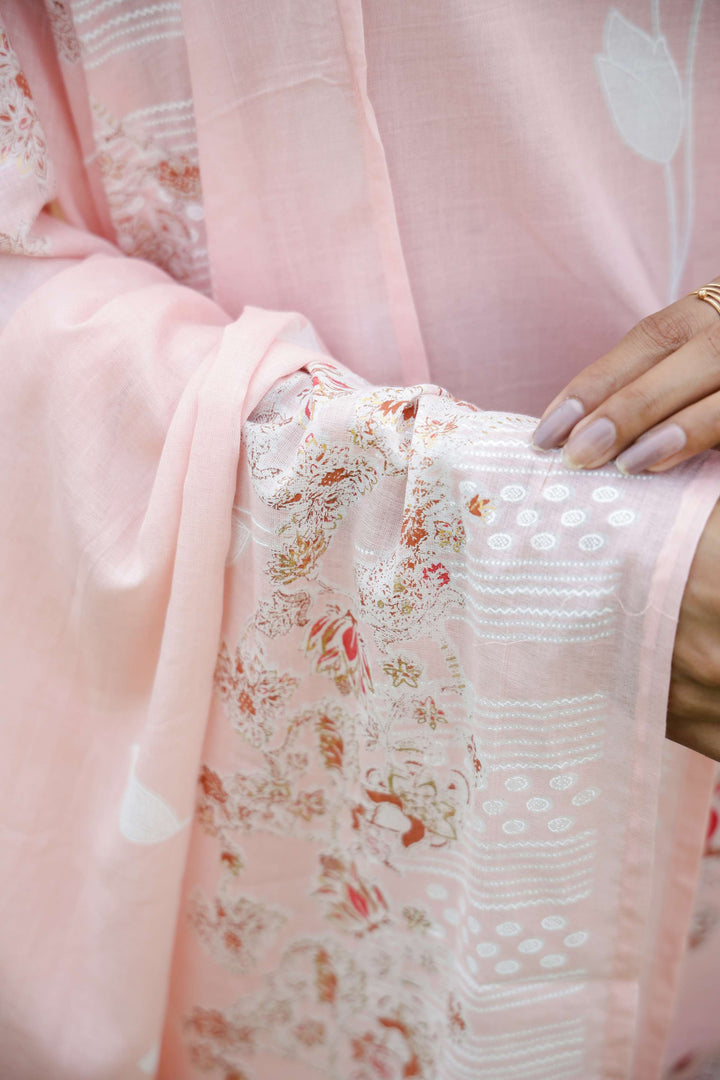 Pastel Pink Floral Print Cotton Kurta Set with Dupatta
