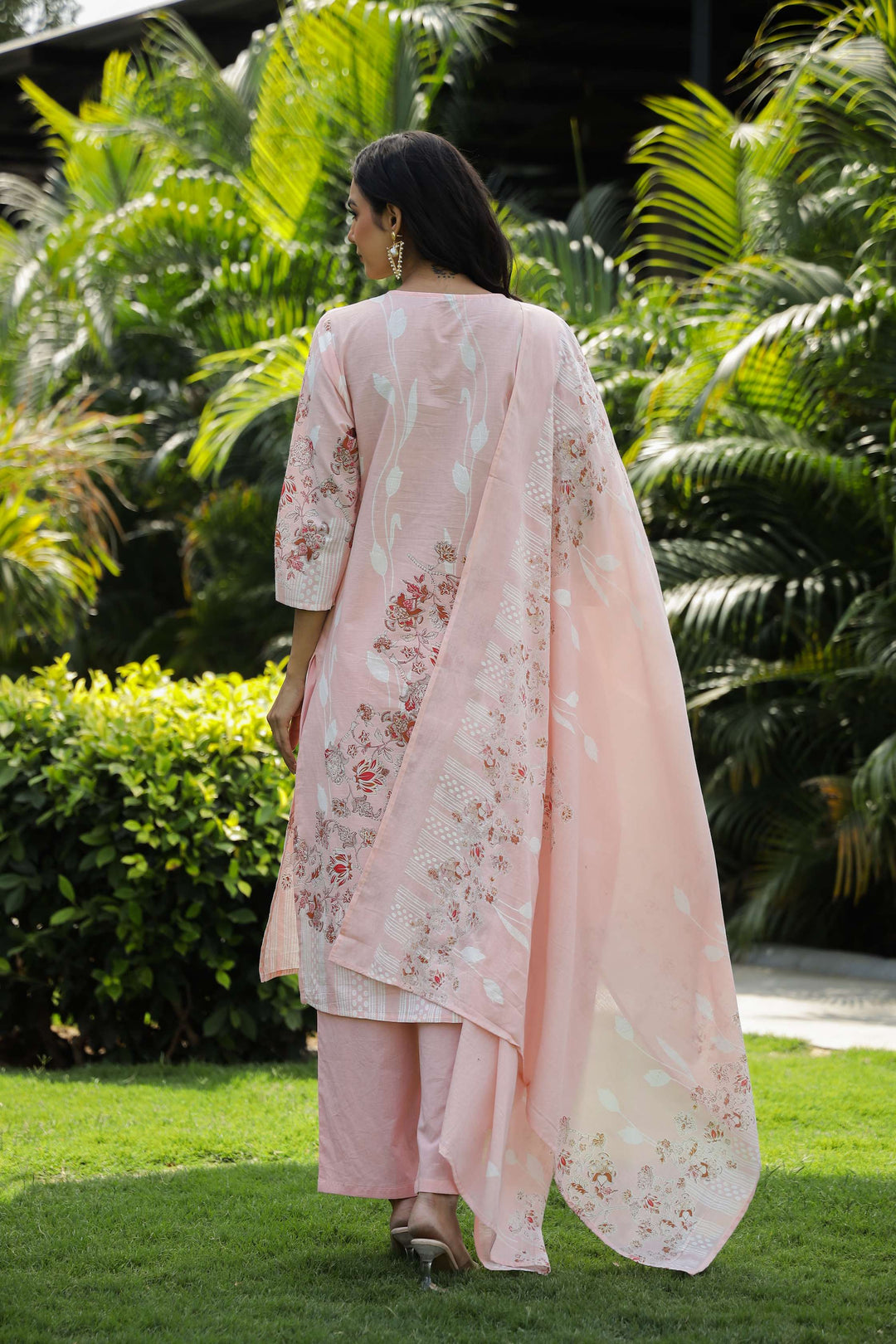 Pastel Pink Floral Print Cotton Kurta Set with Dupatta