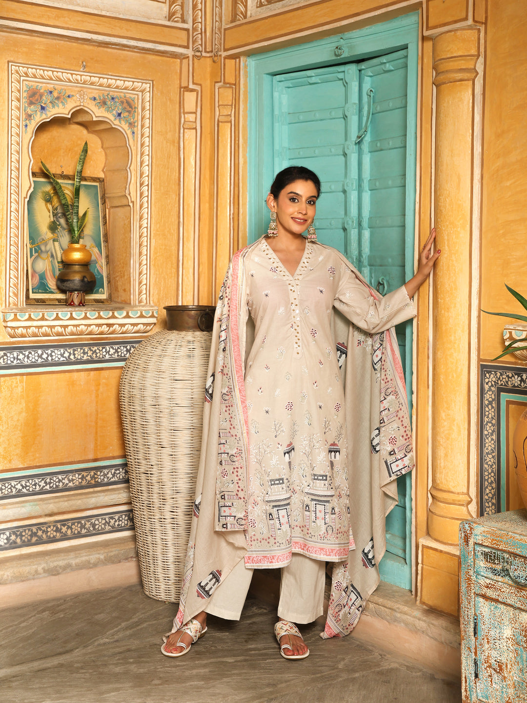 Ivory & Pink Heritage Print Cotton Suit Set with Dupatta  Export to Sheets
