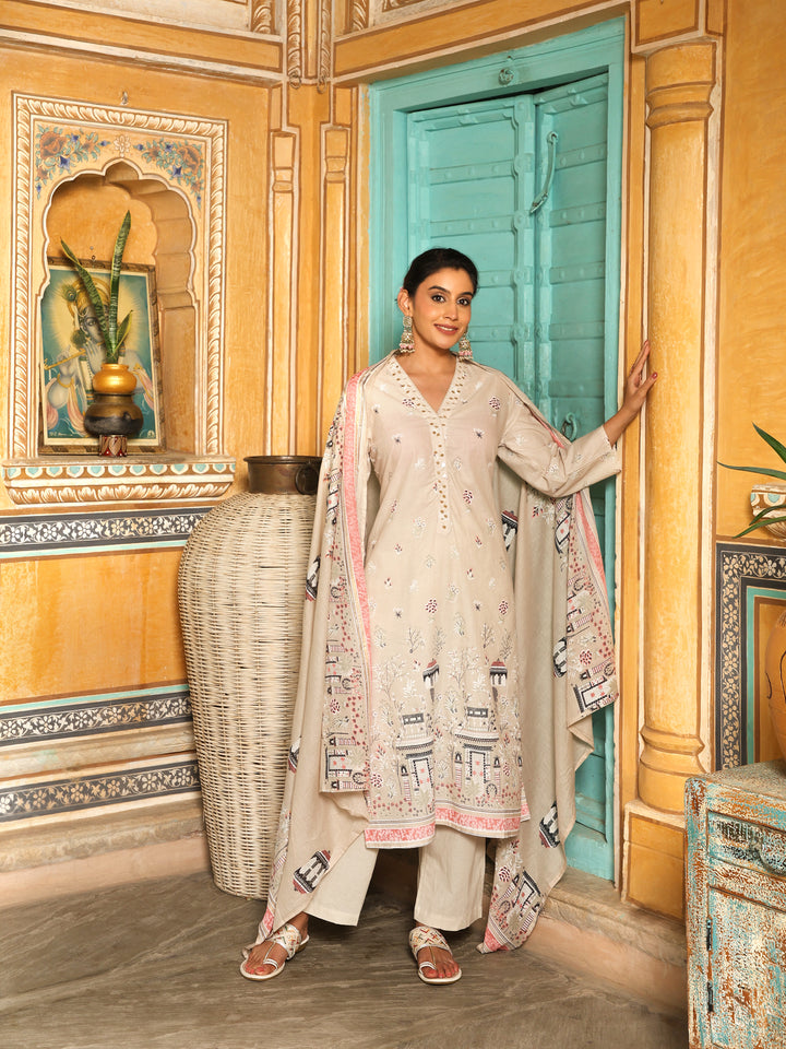 Ivory & Pink Heritage Print Cotton Suit Set with Dupatta  Export to Sheets