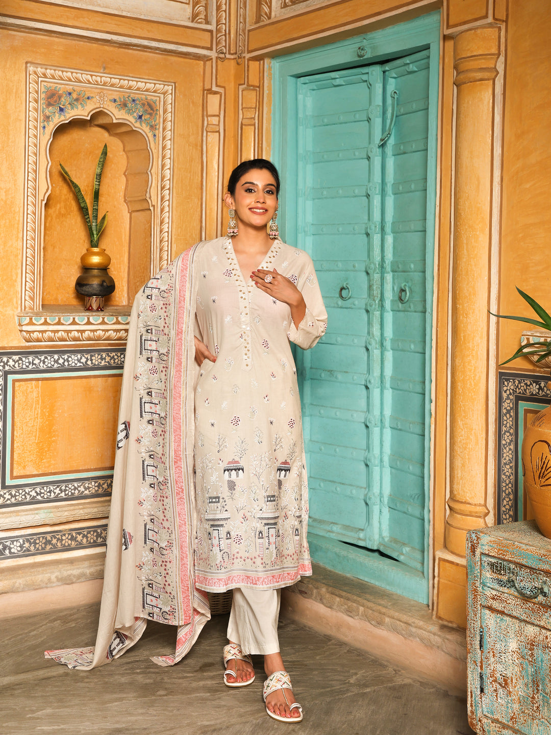 Ivory & Pink Heritage Print Cotton Suit Set with Dupatta  Export to Sheets