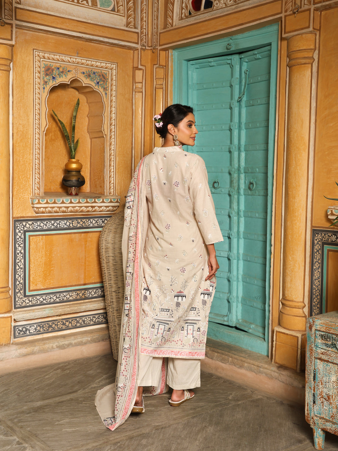 Ivory & Pink Heritage Print Cotton Suit Set with Dupatta  Export to Sheets