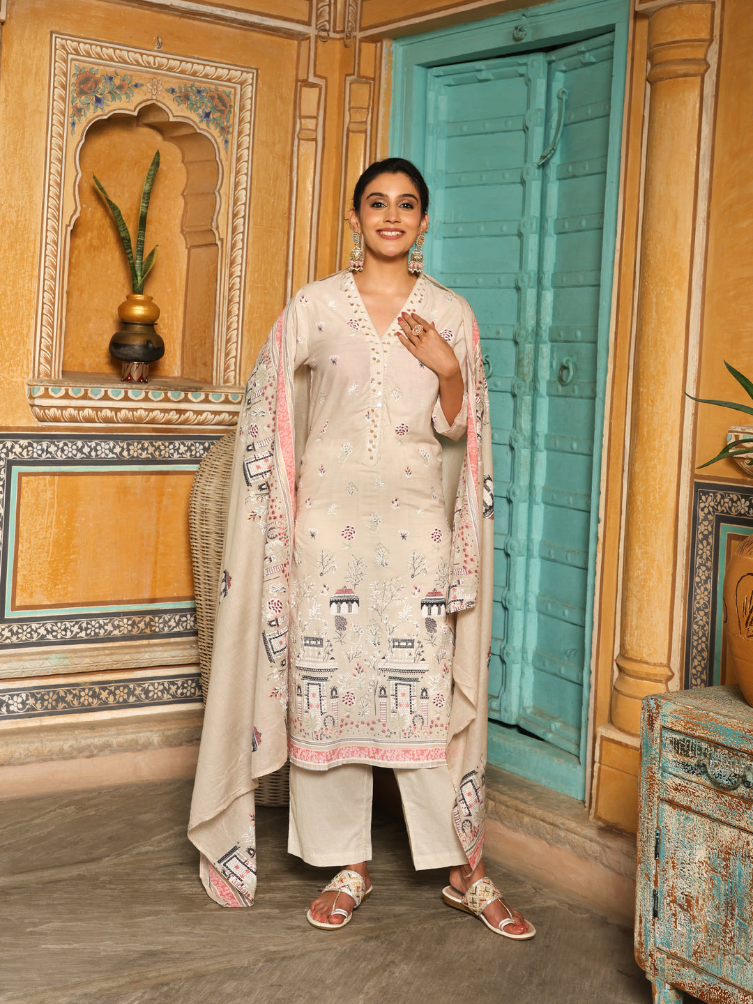 Ivory & Pink Heritage Print Cotton Suit Set with Dupatta  Export to Sheets