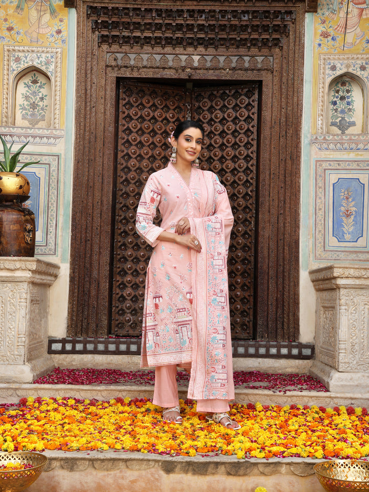 Pastel Pink Heritage Print Cotton Suit Set with Dupatta