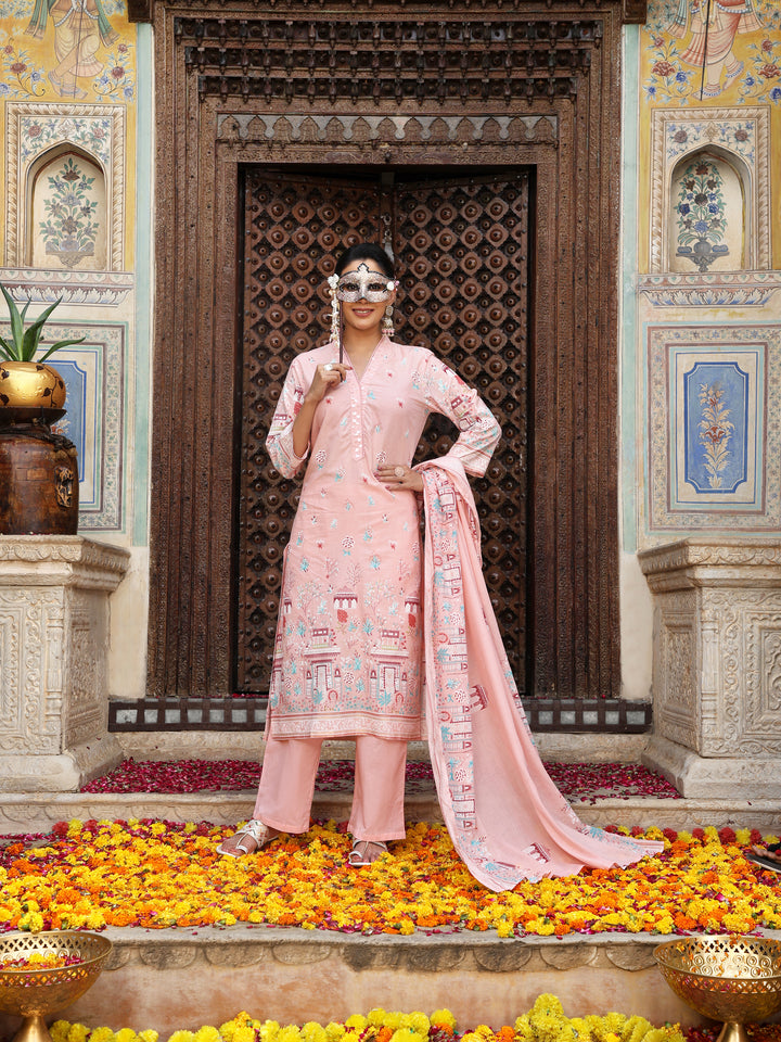 Pastel Pink Heritage Print Cotton Suit Set with Dupatta