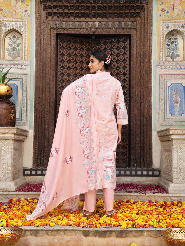 Pastel Pink Heritage Print Cotton Suit Set with Dupatta