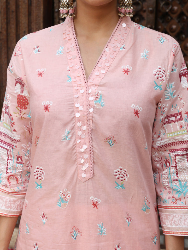 Pastel Pink Heritage Print Cotton Suit Set with Dupatta