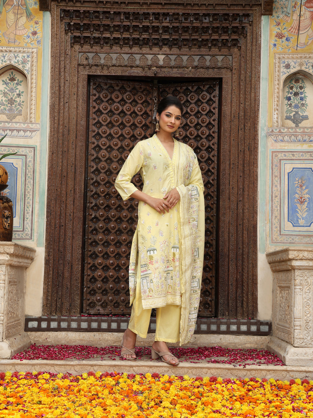 Lemon Yellow Heritage Print Cotton Suit Set with Dupatta