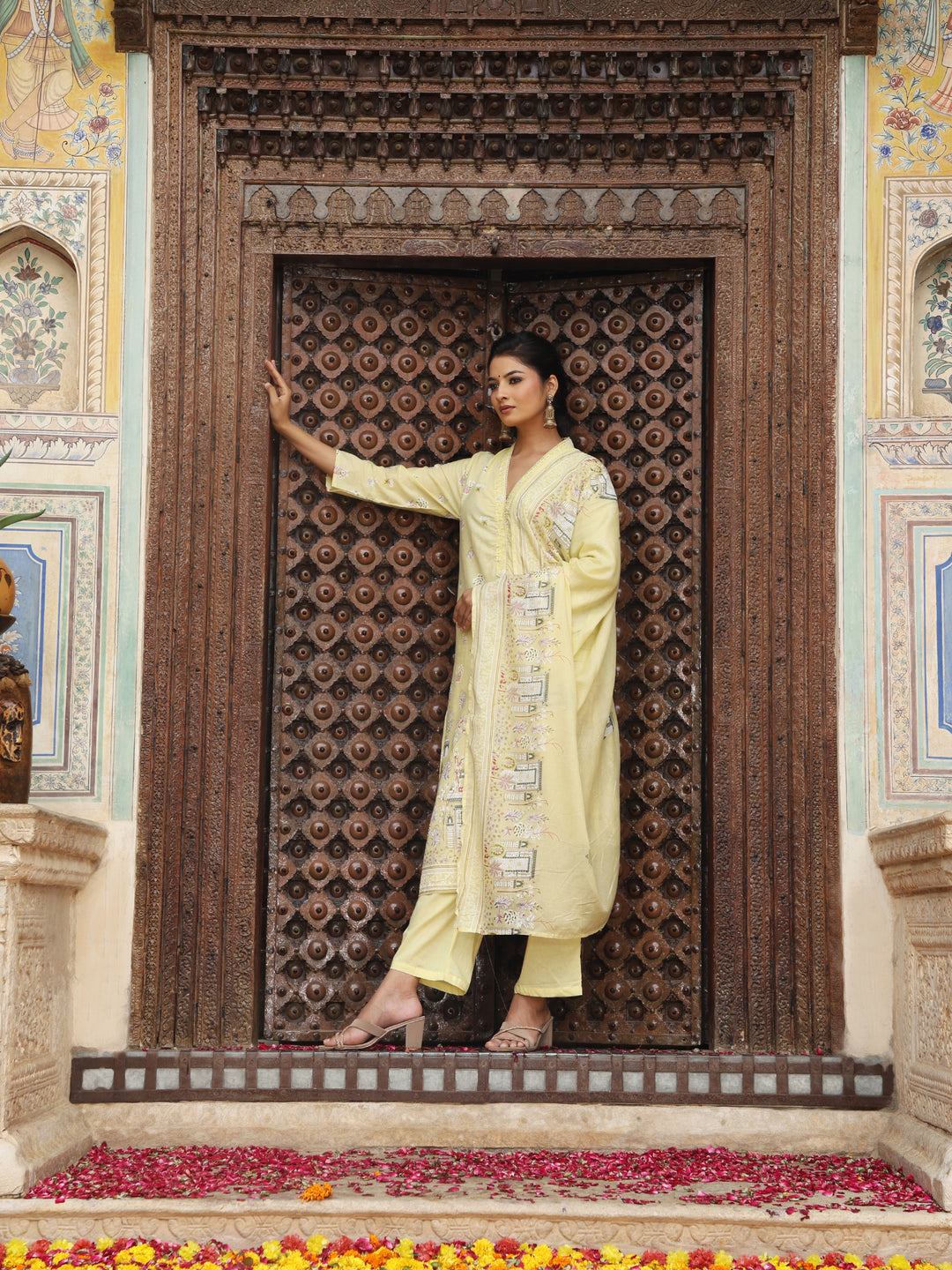 Lemon Yellow Heritage Print Cotton Suit Set with Dupatta
