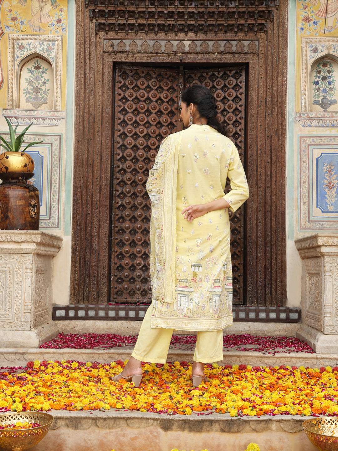 Lemon Yellow Heritage Print Cotton Suit Set with Dupatta
