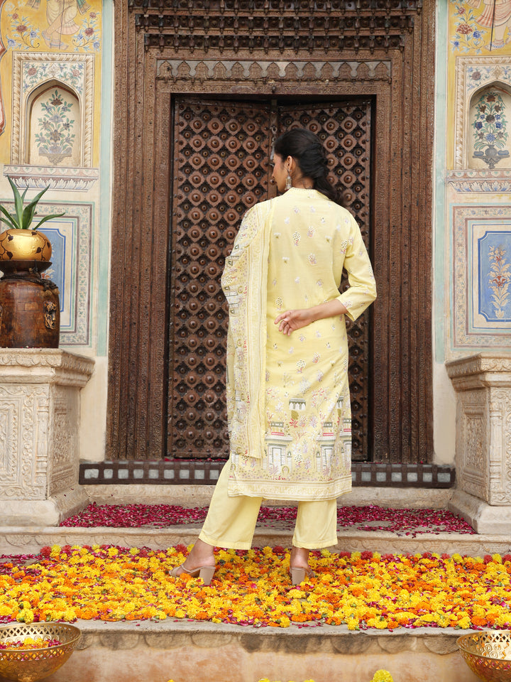 Lemon Yellow Heritage Print Cotton Suit Set with Dupatta