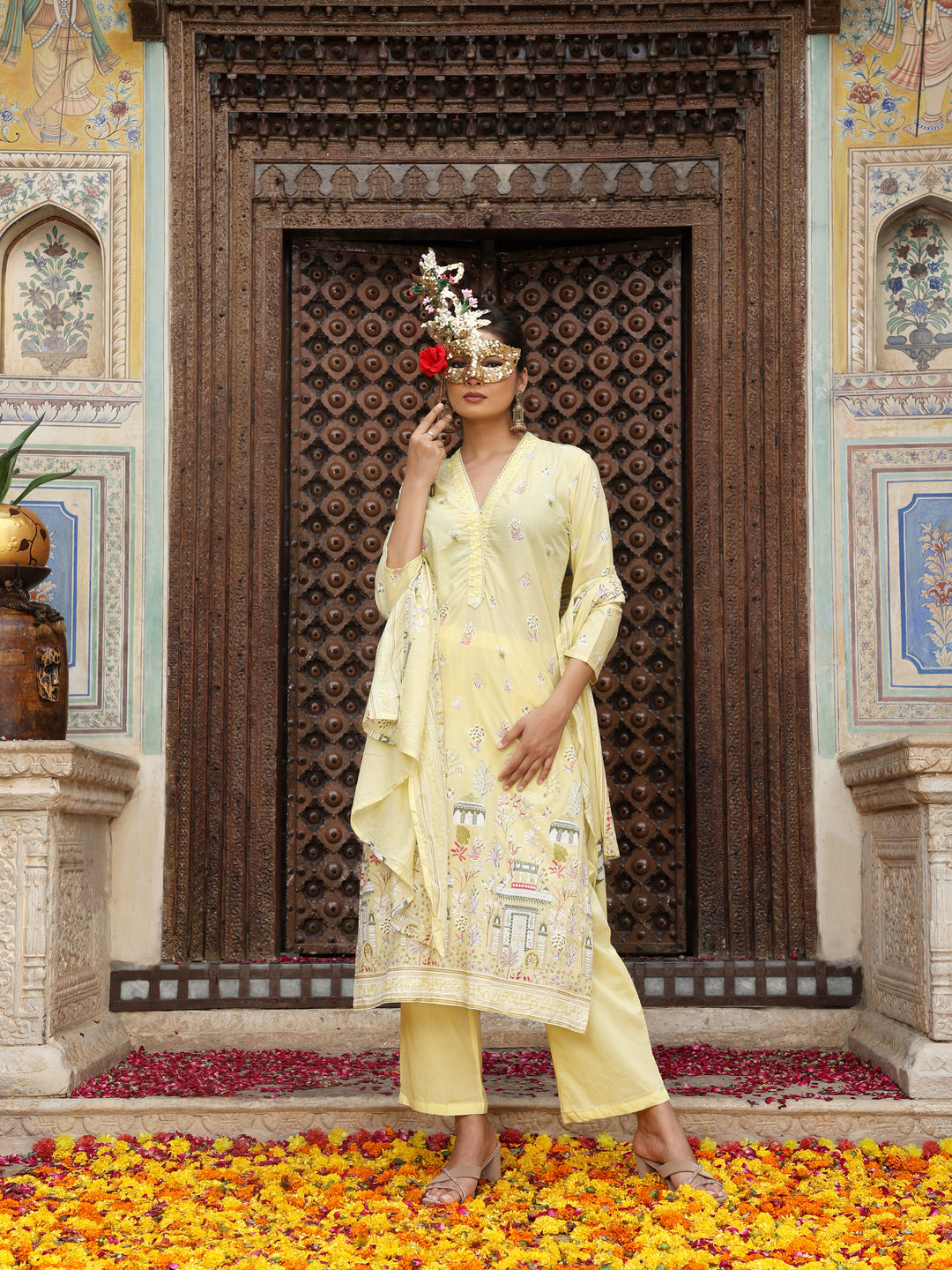 Lemon Yellow Heritage Print Cotton Suit Set with Dupatta